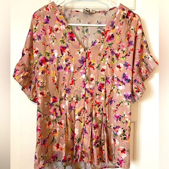 Dolan Anthropologie Pink Floral Button up Ruffle Blouse - Picture 1 of 8